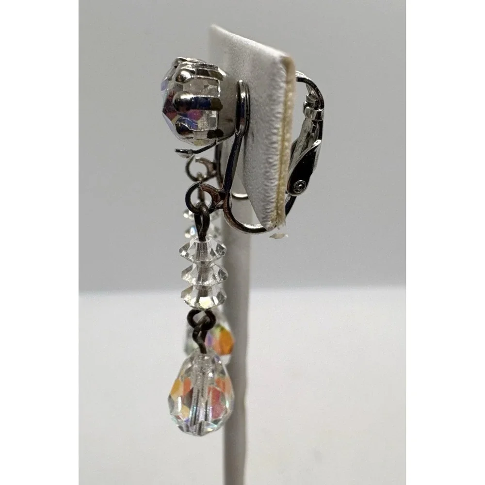 Vintage Aurora Borealis Crystal Dangle‎ Earrings Clip-On Faceted Glass Teardrop